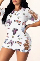 White Sexy Print Hollowed Out O Neck Pencil Skirt Dresses