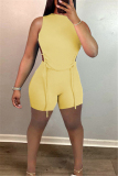 Yellow Sexy Casual Solid Backless Strap Design O Neck Sleeveless Two Pieces