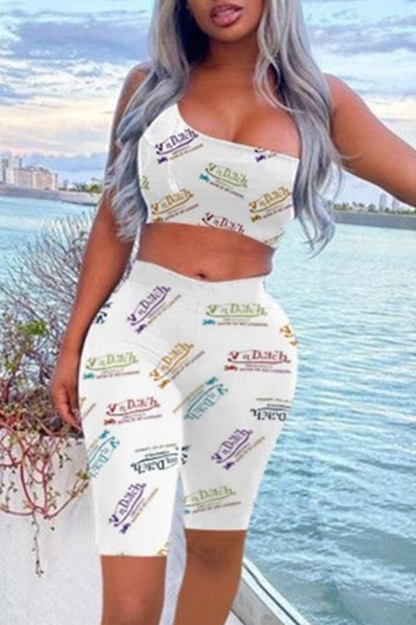 White Casual Sportswear Letter Print Vests One Shoulder Sleeveless Two Pieces