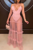 Pink Fashion Sexy Patchwork See-through Backless V Neck Sling Dress