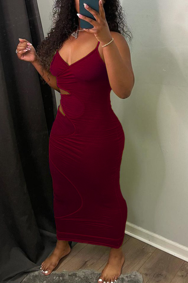 Burgundy Sexy Solid Hollowed Out Spaghetti Strap Pencil Skirt Dresses