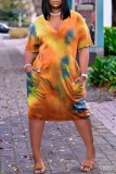 Orange Fashion Casual Tie Dye Printing V Neck Short Sleeve Dress