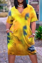 Yellow Fashion Casual Tie Dye Printing V Neck Short Sleeve Dress