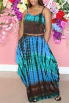 Blue Sexy Casual Print Tie Dye Backless Spaghetti Strap Sleeveless Two Pieces
