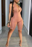 Light Purple Sexy Casual Solid Backless Halter Sleeveless Skinny Romper