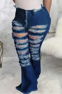 Dark Blue Sexy Solid Ripped Mid Waist Boot Cut Denim Jeans