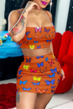 Orange Fashion Sexy Butterfly Print Backless Square Collar Sleeveless Two Pieces