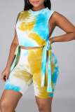 Yellow Blue Casual Print Split Joint O Neck Sleeveless Two Pieces