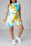 Yellow Blue Casual Print Split Joint O Neck Sleeveless Two Pieces
