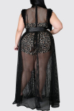 Black Fashion Sexy Print Hollowed Out See-through Without Belt Half A Turtleneck Plus Size Two Pieces