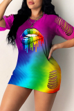Colour Fashion Casual Lips Printed Hollowed Out O Neck Short Sleeve Dress