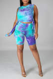 Blue Casual Print Split Joint O Neck Sleeveless Two Pieces