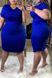 Blue Fashion Casual Plus Size Solid Basic O Neck Short Sleeve Dress