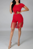 Red Casual Solid Tassel O Neck Short Sleeve Two Pieces