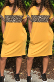 Purple Fashion Casual Print Leopard Patchwork V Neck Short Sleeve Dress