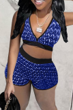Blue Sexy Print Patchwork V Neck Sleeveless Two Pieces