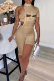 Khaki Sexy Casual Letter Embroidery Hollowed Out Turtleneck Short Sleeve Two Pieces