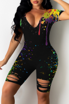 Black Sexy Patchwork Ripped Tie-dye V Neck Skinny Jumpsuits