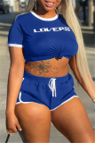 Blue Casual Sportswear Letter Print Basic O Neck Short Sleeve Two Pieces
