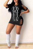 Black Fashion Casual Letter Print Ripped O Neck Short Sleeve Dress