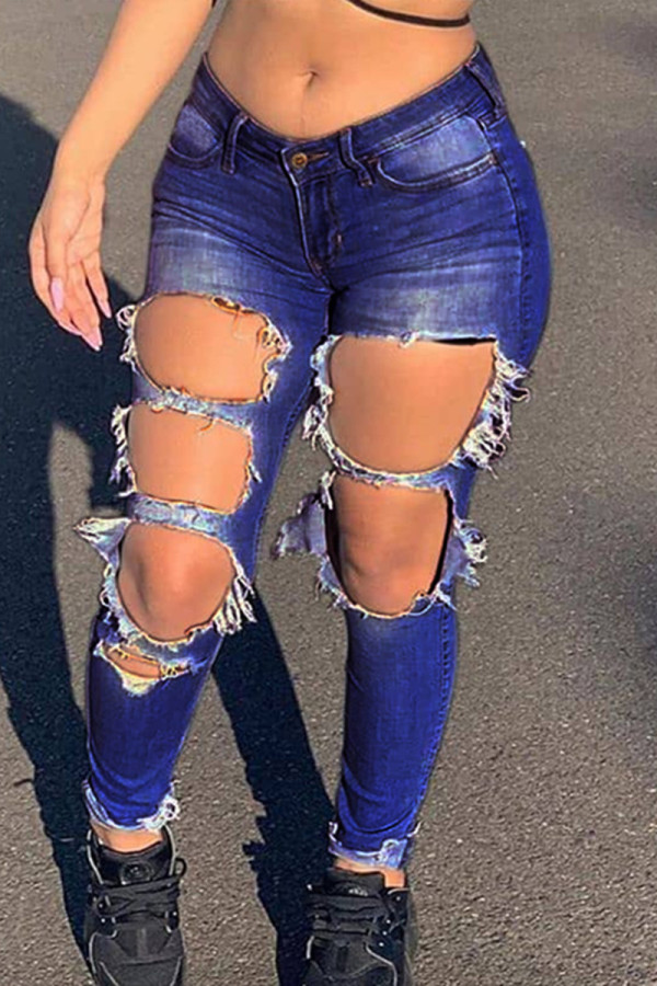 Dark Blue Fashion Casual Solid Ripped Mid Waist Regular Jeans