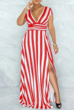 Red Fashion Casual Striped Print Slit V Neck Short Sleeve Dress