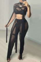 Black Fashion Sexy Solid Split Joint See-through Turtleneck Short Sleeve Two Pieces