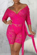 Rose Red Sexy Solid Mesh V Neck Skinny Rompers