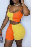 Yellow Sexy Casual Patchwork Backless Spaghetti Strap Sleeveless Two Pieces