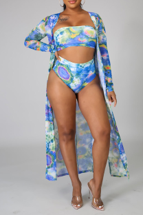Blue Sexy Print Split Joint Swimwears Three Pieces