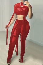 Red Fashion Sexy Solid Split Joint See-through Turtleneck Short Sleeve Two Pieces