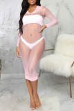 Pink Sexy Solid Mesh V Neck Pencil Skirt Dresses