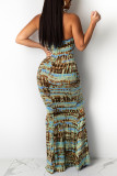 Blue Fashion Sexy Print Hollowed Out Backless Strapless Sleeveless Dress