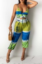 Turquoise Sexy Casual Print Tie Dye Hollowed Out Backless V Neck Regular Jumpsuits