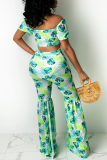 Green Sexy Print Bandage Off the Shoulder Short Sleeve Two Pieces