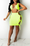 Yellow Fashion Sexy Solid Hollowed Out Strap Design U Neck Sleeveless Two Pieces