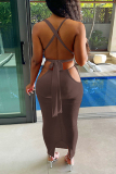 Brown Sexy Solid Hollowed Out Backless Strap Design V Neck Sleeveless Two Pieces