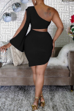 Black Fashion Sexy Solid Hollowed Out Oblique Collar Long Sleeve Dresses