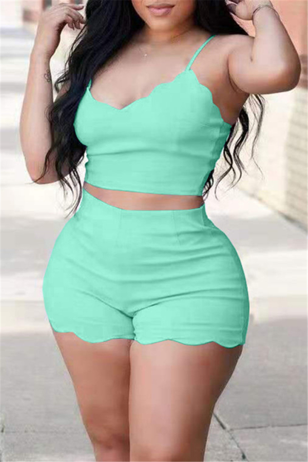 Light Green Sexy Casual Solid Backless Spaghetti Strap Sleeveless Two Pieces