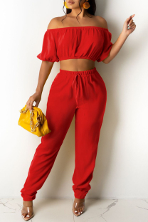Red Sexy Casual Solid Backless Off the Shoulder Short Sleeve Two Pieces
