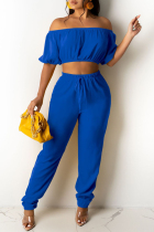 Royal Blue Sexy Casual Solid Backless Off the Shoulder Short Sleeve Two Pieces