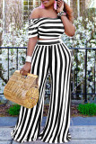 Black Fashion Casual Striped Print Basic Oblique Collar Short Sleeve Two Pieces