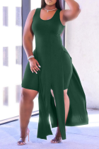 Army Green Sexy Solid High Opening U Neck Sleeveless Two Pieces