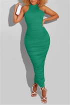 Green Fashion Sexy Solid Fold O Neck Sleeveless Dress