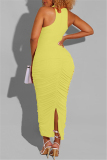 Yellow Fashion Sexy Solid Fold O Neck Sleeveless Dress