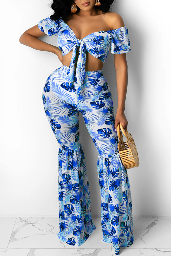 Blue Sexy Print Bandage Off the Shoulder Short Sleeve Two Pieces