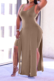 Khaki Sexy Solid High Opening U Neck Sleeveless Two Pieces