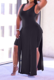 Black Sexy Solid High Opening U Neck Sleeveless Two Pieces