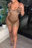 Brown Sexy Solid See-through Spaghetti Strap Pencil Skirt Dresses