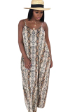 Leopard Print Casual Off The Shoulder Sleeveless Slip Swagger Floor-Length Print Patchwork
